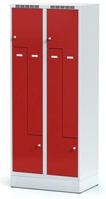 Alfa 3 Kovová šatníková skrinka S6 Z na sokli, 4 oddiely, 1920 x 800 x 500 mm, otočný zámok, červené dvere