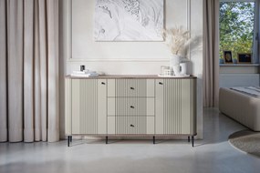 Komoda Vespera 160 cm so zásuvkami - kašmírová / orech / čierne nožičky