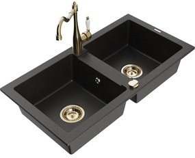 Mexen Mario, granitový drez 820x436x161 mm, 2-komorový a drezová batéria Carla, čierna-zlatá metalíza, 6504-75-670700-50