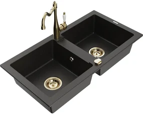 Mexen Mario, granitový drez 820x436x161 mm, 2-komorový a drezová batéria Carla, čierna-zlatá metalíza, 6504-75-670700-50