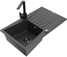 Mexen Cesar, granitový drez 775x470x190 mm, 1-komorový, čierna škvrnitá s čiernym sifónom a čierna drezová batéria Rita, 6514-76-670300-70-B