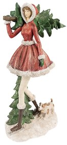 Červená dekorácia socha dievča nesúci stromček so psíkom - 25*17*43 cm