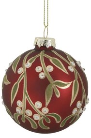 Červená sklenená vianočná ozdoba gule s imelom - Ø 8 cm