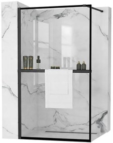 Rea Bler, sprchová zástena typ Walk-In 70x195cm, 8mm číre sklo, čierny profil + polica a vešiak na uteráky EVO, KPL-K7636