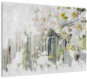 Sklenený obraz - Biele kvety, vintage (70x50 cm)