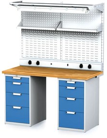 Alfa 3 Dielenský stôl MECHANIC I + 2x závesný box, nadstavba, polica, el. zásuvky a osvetlenie, 8 zásuviek, 1500x685x880 mm, modré dvere