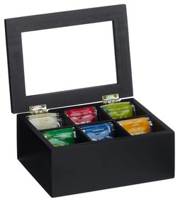 Čierna bambusová krabička na čaj RelaxDays RD47508 so 6 priehradkami – ochrana arómy, 21,5 cm