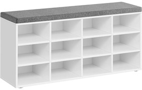 Lavička na topánky, odkladacia lavica s čalúneným sedadlom a 12 priehradkami, biela a sivá