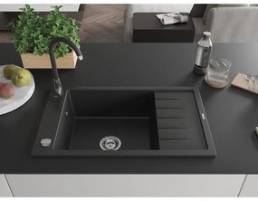 Mexen Elias, 1-komorový granitový drez s odkvapkávačom 80x48 cm a kuchynskou batériou Telma, čierna-strieborná, 6511-73-670200-70