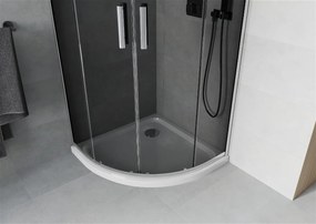 Mexen Rio, štvrťkruhový sprchovací kút s posuvnými dverami 70 x 70 cm, 6mm šedé sklo, chrómový profil + biela sprchová vanička, 863-070-070-01-40-4110
