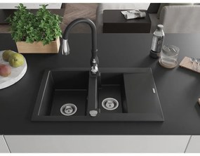 Mexen Gaspar, 1,5-komorový granitový drez 737x475x177 mm a drezová batéria Savita, čierna, 6507-77-672601-70