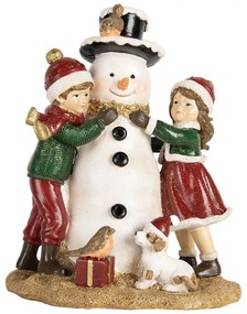 Červeno-zelená vianočná dekorácia deti so snehuliakom - 13*10*16 cm