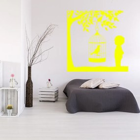 Veselá Stena Samolepka Vtáčik v klietke na strome Farba: žltá, Veľkosť: 100 x 100 cm