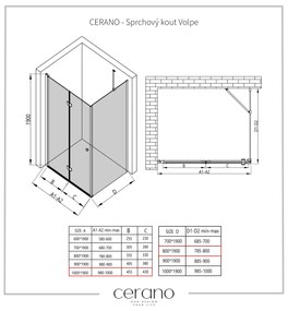 Cerano Volpe, sprchovací kút so skladacími dverami 100(dvere) x 80(stena), 6mm číre sklo, čierny profil, CER-CER-427342