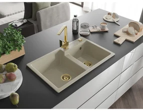 Mexen Tomas, granitový drez 800x500x190 mm, 2-komorový a zlatá batéria Rita, béžová, 6516-69-670300-50