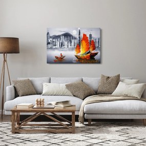Obraz - Victoria Harbor, Hong Kong, čiernobiela olejomaľba (90x60 cm)