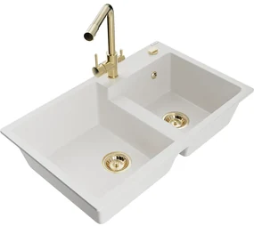 Mexen Tomas, granitový drez 800x500x190 mm, 2-komorový a biela batéria Duero, biela, 6516-20-671600-50