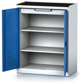 Policová dielenská skriňa 2-dverová MECHANIC, 2 police, 1 zásuvka, 920 x 500 x 1170 mm, modré dvere