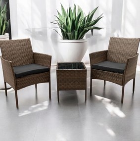 Ratanová súprava so stolíkom a 2 kreslami - hnedá + antracitové vankúše