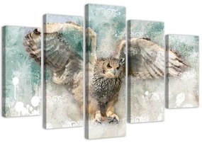 Obraz na plátně pětidílný 5 kusů Sova Ptáci Příroda Zvířata - 200x100 cm