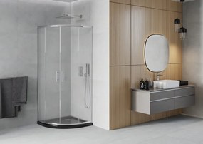 Mexen Rio, štvrťkruhový sprchovací kút s posuvnými dverami 80 x 80 cm, 6mm sklo námraza, chrómový profil + čierna sprchová vanička, 863-080-080-01-30-4170