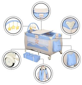 Cestovná postieľka s prebaľovacím pultom, modrá/biela