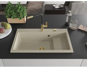 Mexen Omar, 1-komorový granitový drez 800x480x210 mm, béžový, zlatý sifón, 6520801005-69-G