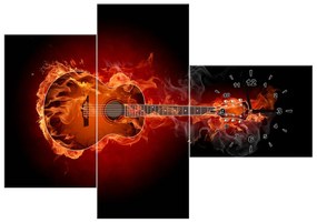 Gario Obraz s hodinami Horiaca gitara - 3 dielny Rozmery: 80 x 40 cm