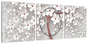 Obraz - Obraz bieleho stromu s kvetinami, rosegold (s hodinami) (90x30 cm)