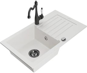 Mexen Pablo, granitový drez 752x436x161 mm, 1-komorový a drezová batéria Carla, biela, 6510-20-670700-70