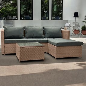 Svetlohnedá ratanová súprava so stolíkom a sivými vankúšmi