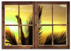 Obraz na plátně Palmové stromy okno západu slunce - 120x80 cm