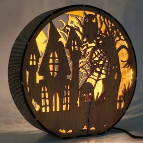 Drevená lampa Halloween - Strašidelný dom s sovou | DRACO: HDF - Orech 20 cm 4796-115339 LED0619