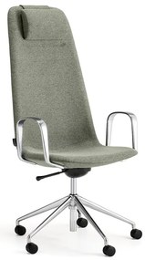 Stolička LANGLEY, vysoký sedák, s kolieskami a podrúčkami, brúsený hliník/zelenošedá