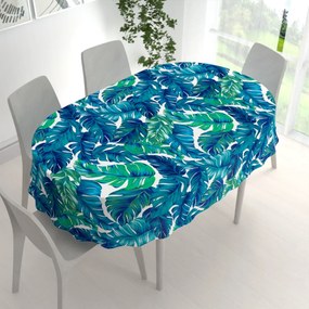 Biante Bavlnený oválny obrus Sandra SA-606 Modro-zelené tropické listy na bielom 50x100 cm