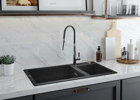 Deante Eridan, granitový drez na dosku 880x500x200 mm, 3,5" + priestorovo úsporný sifón, 2-komorový, šedá, DEA-ZQE_S20B