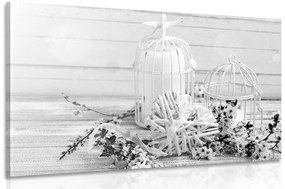 Obraz čerešňová vetvička a lucerničky v čiernobielom prevedení - 90x60