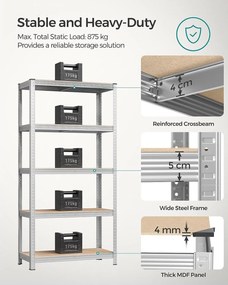 Regály 5-úrovňové s oceľovým rámom a vysokou nosnosťou, sada 2 ks, strieborné