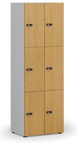 Drevená šatníková skrinka s úložnými boxmi, 6 boxov, mechanický kódový zámok, sivá/buk