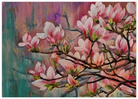 Sklenený obraz - Olejomaľba, Rozkvitnutá sakura (70x50 cm)