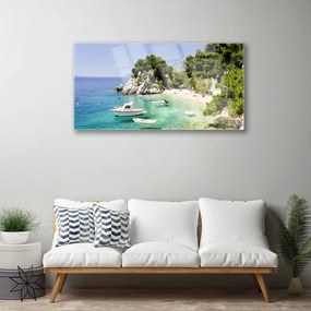 Skleneny obraz More pláž skaly lode 140x70 cm