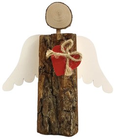 AMADEA Drevený anjel s kôrou s bielymi krídlami a čeveným srdcom, masívne drevo, 19x14,5x3 cm