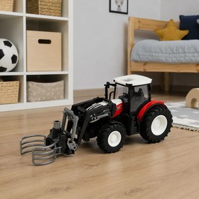 LEAN Toys Poľnohospodársky traktor s držiakom na balíky, diaľkovo ovládaný RC, červený, mierka 1:24