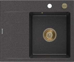 Mexen Ben, 1-komorový granitový drez 600x500x190 mm, pravý + zlatý sifón, čierna škvrnitá, 6523605000-76-G