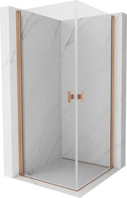 Mexen Mist-B Duo, 2-krídlový výklopný sprchový kút 80 x 80 cm, číre sklo, medený matný profil, 8A2-080-080-65-00