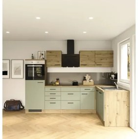 Rohová kuchynská linka so spotrebičmi Cara 280 cm farba čela zelená dub matná farba korpusu dub