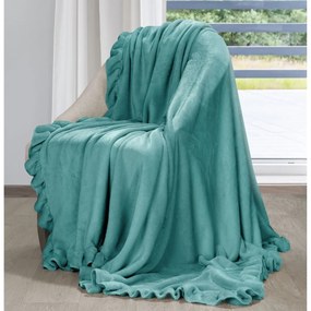 Krásna tyrkysová jemná deka s ozdobným volánom 150 x 200 cm