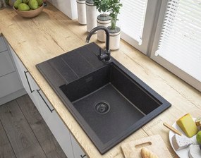 Gamma Gamma, 1-komorový manuálny sifón pre granitové drezy s hranatým prepadom, čierna matná, GMA-1M11ZBKLB