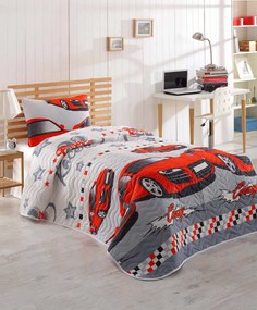 Dětský bavlněný přehoz přes postel a povlak na polštář Cars 160x220 cm červeno-šedý