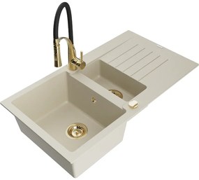 Mexen Matias, granitový drez 900x505x200 mm, 1,5-komorový a drezová batéria Aster, béžová, 6502-69-73450-57-G